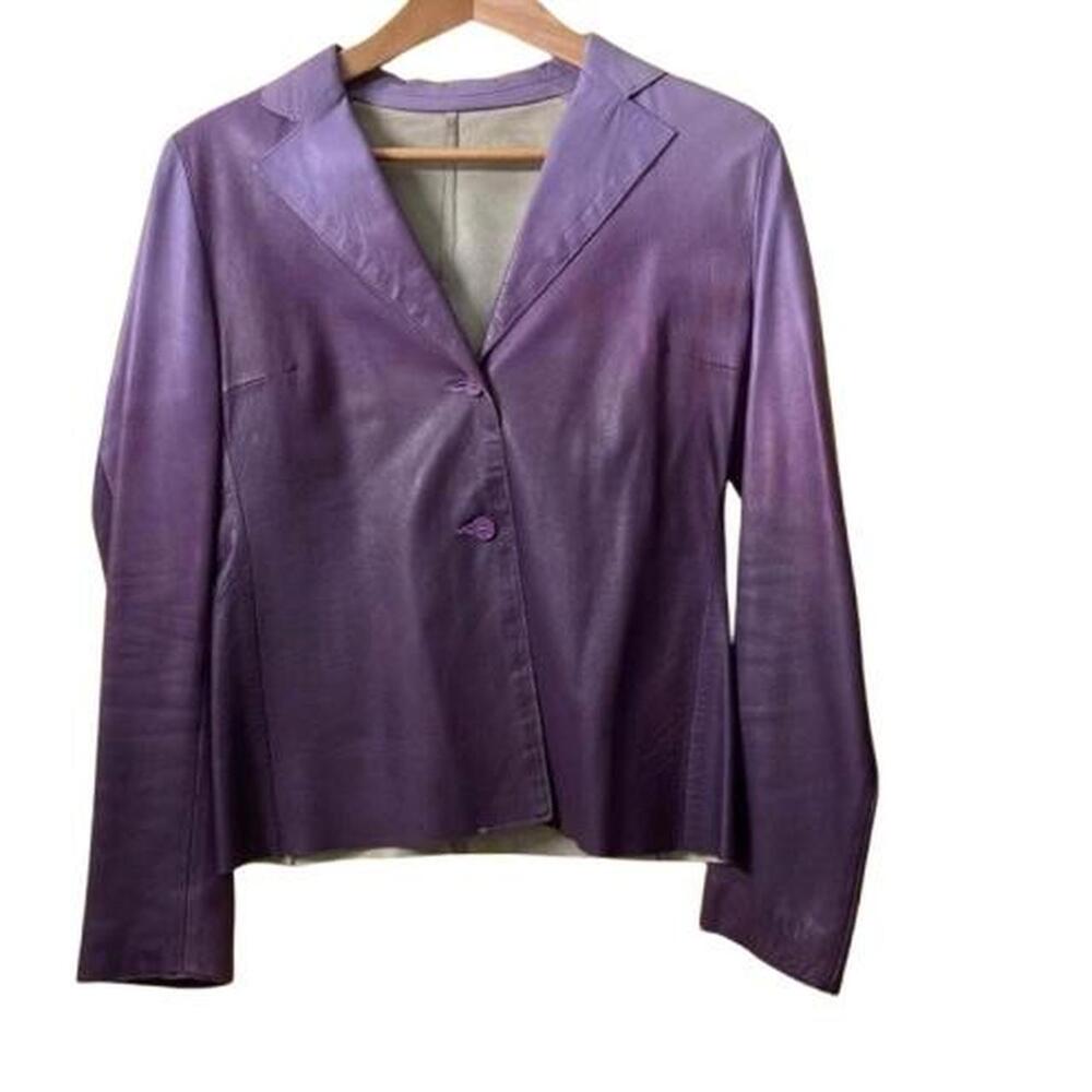 Vera Pelle 2-Button Purple Tye Dye Genuine Leather Blazer | Size: 4